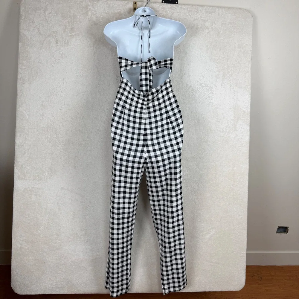 Zara Womens Small Black White Gingham Halter Cutout Linen Blend Jumpsuit Small